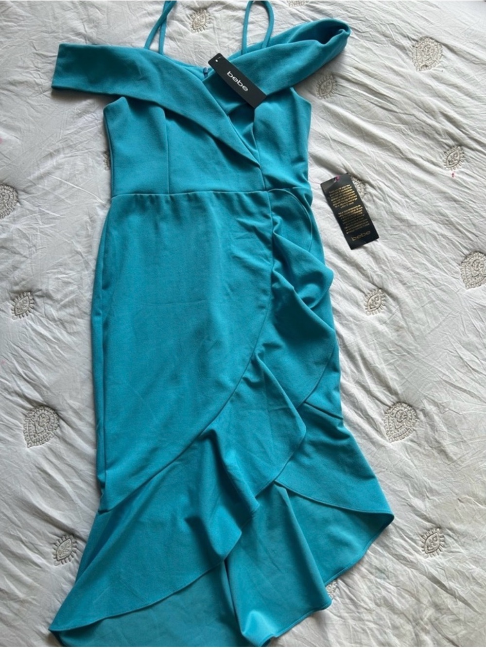 Bebe Teal One-Shoulder Ruffle Midi Dress